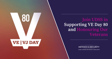 A diagonally bisected landscape image with the official VE Day 80 logo on the left in white, against a graded backdrop of rust and blue tones. The right of the image features a purple background with white and pink text reading 
