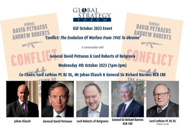 Universal Defence and Security Solutions' Co-Chairman General Sir Richard Barrons at Global Strategy Forum's inaugural event of 2023-2024 for the launch of General David H. Petraeus and the prize-winning historian Andrew Roberts's new book 