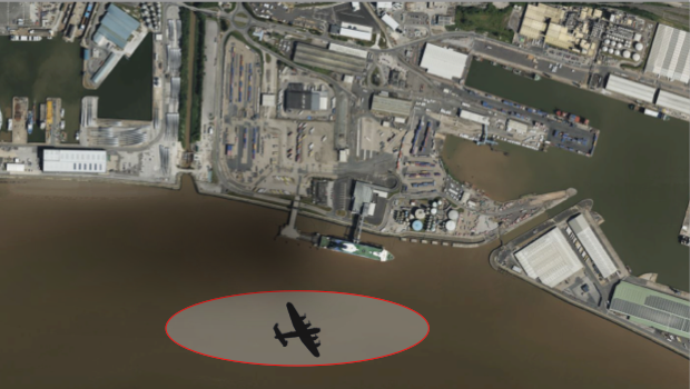 An aerial photo of the Lancaster ND861 crash site near Hull Pier