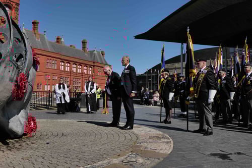 DDay 80 Laying wreaths at the Merchant Navy Memorial at Cardiff Bay
