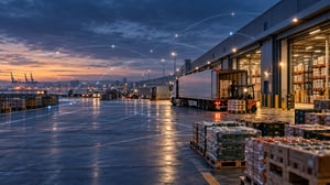 Lorries and goods at a distribution centre at dusk, with illuminated lines suggesting supply chain connections