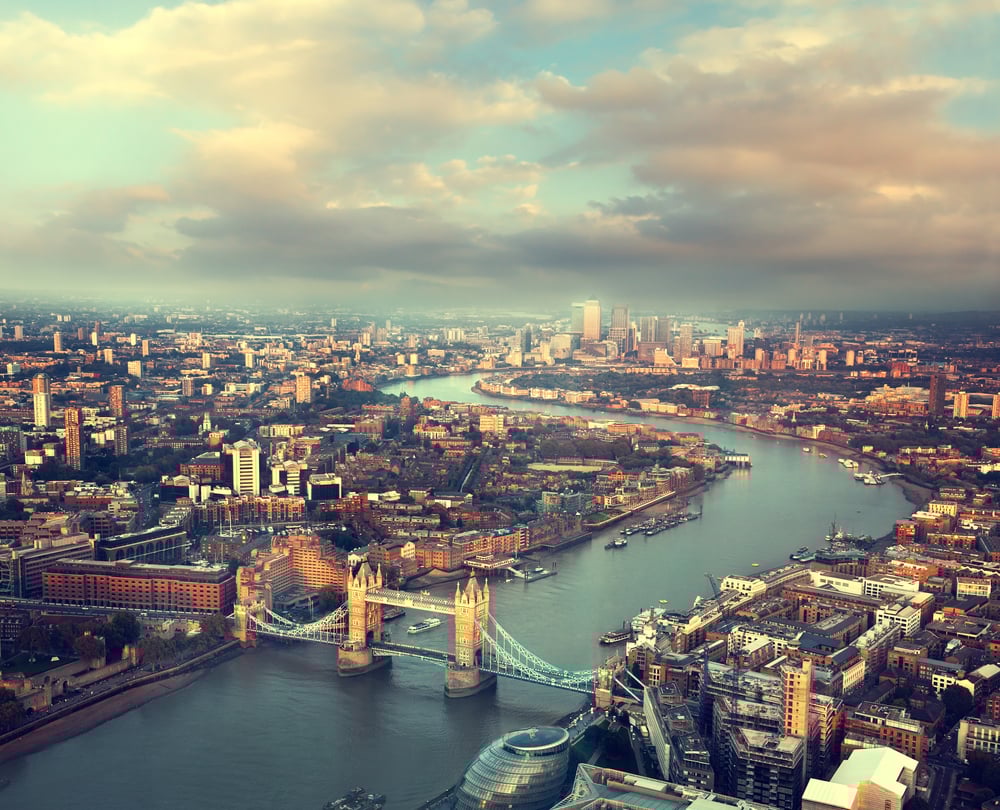London aerial view with Tower Bridge in sunset time