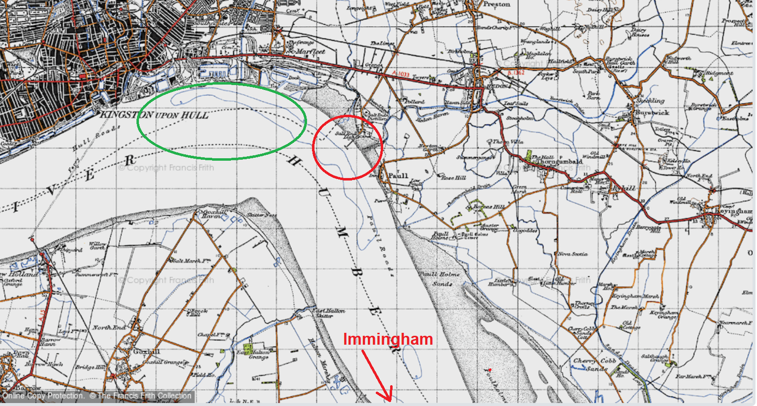A technical map of Saltend jetty, Hull, in 1947, showing where Arvo Lancaster ND861 crashed into the Humber estuary