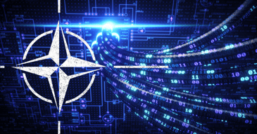 A stylised blue and white graphic of data cables, covered with 1s and 0s, with the NATO star emblem in white to frame left.