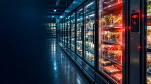 Illustration of supermarket refrigeration under cyber threat, with a 50°C display and digital warning signals